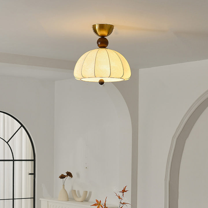 Traditional Vintage Metal Wood Fabric Patterned Semi-Circle 1-Light Semi-Flush Mount Ceiling Light For Bedroom &amp; Living Room