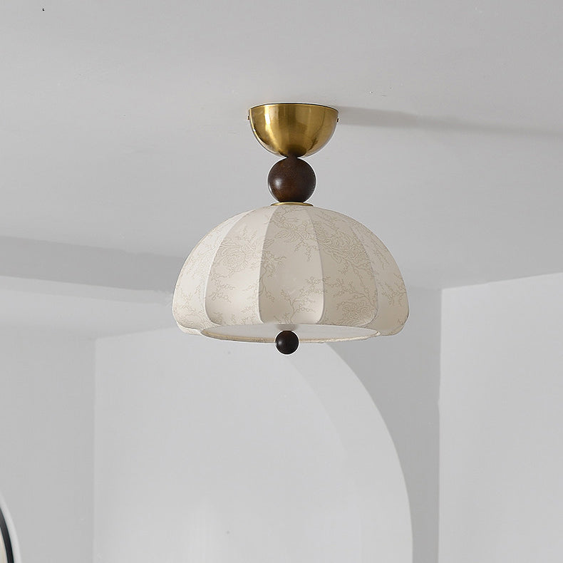 Traditional Vintage Metal Wood Fabric Patterned Semi-Circle 1-Light Semi-Flush Mount Ceiling Light For Bedroom &amp; Living Room