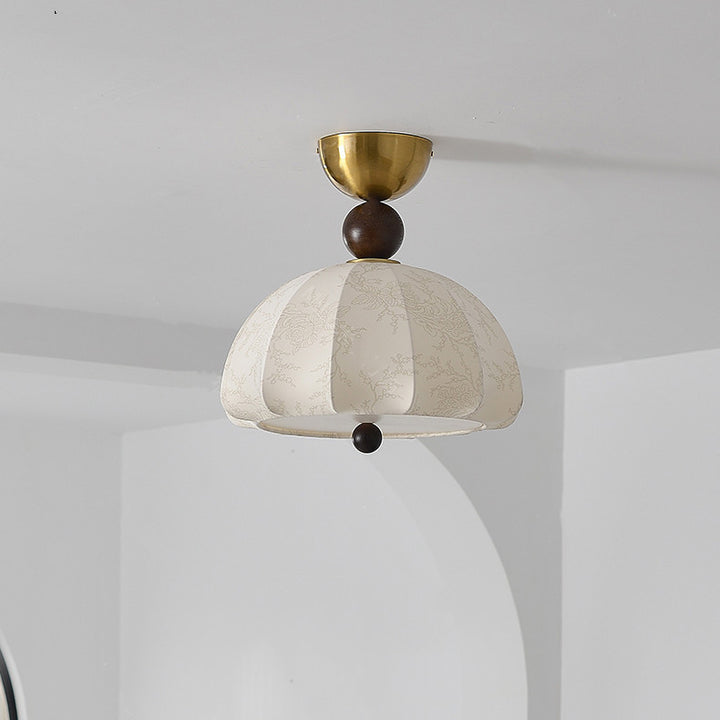 Traditional Vintage Metal Wood Fabric Patterned Semi-Circle 1-Light Semi-Flush Mount Ceiling Light For Bedroom &amp; Living Room