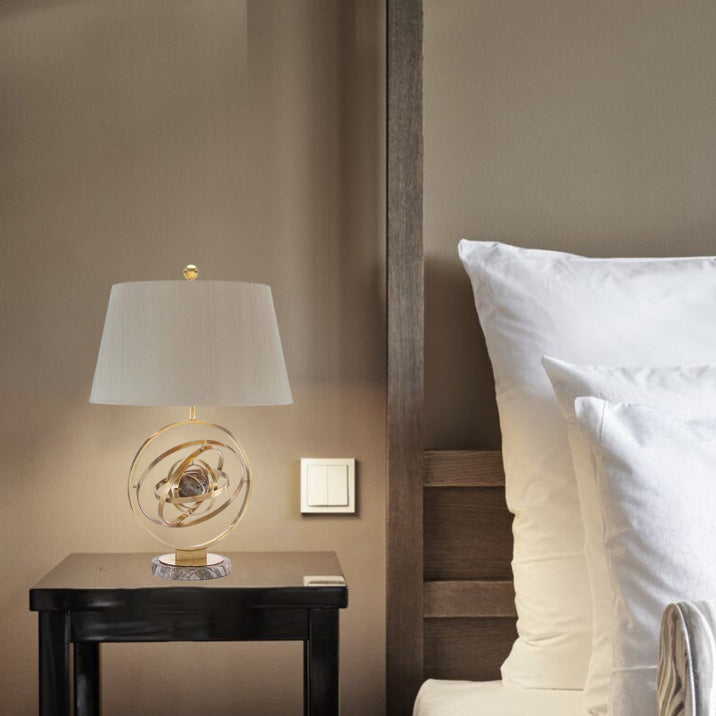 Contemporary Creative Fabric Marble Metal Fan Round Ring 1-Light Table Lamp For Bedroom &amp; Living Room
