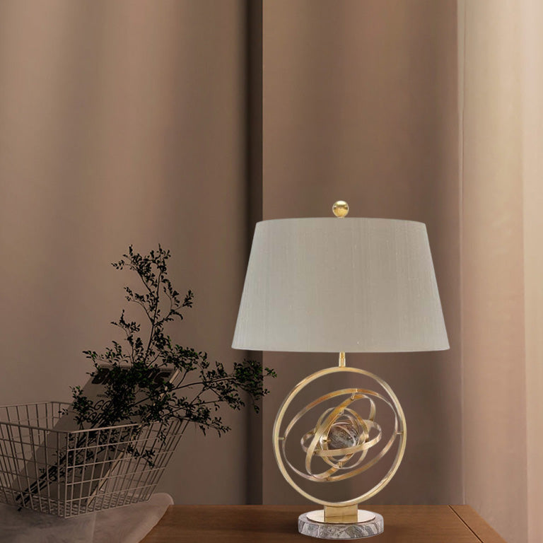 Contemporary Creative Fabric Marble Metal Fan Round Ring 1-Light Table Lamp For Bedroom &amp; Living Room