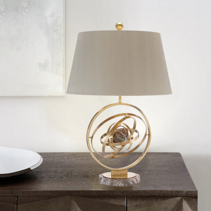 Contemporary Creative Fabric Marble Metal Fan Round Ring 1-Light Table Lamp For Bedroom &amp; Living Room