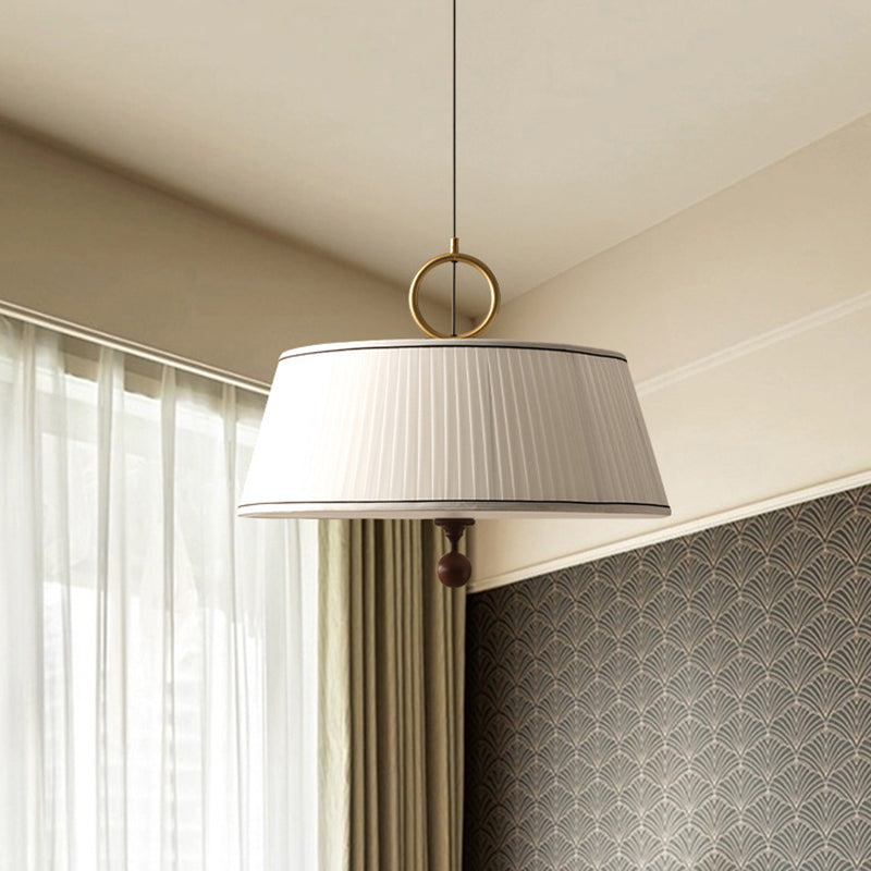 Traditional Vintage Fabric Wood Metal Pleated Round 1-Light Chandelier For Bedroom & Living Room