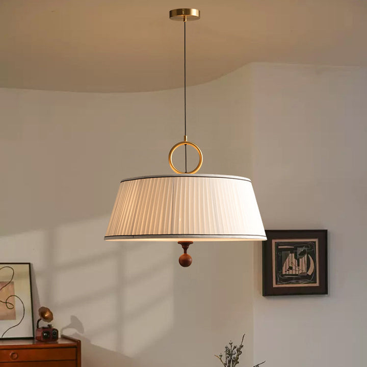 Chandelier rond à 1 lumière en tissu vintage traditionnel, bois et métal plissé pour chambre et salon 
