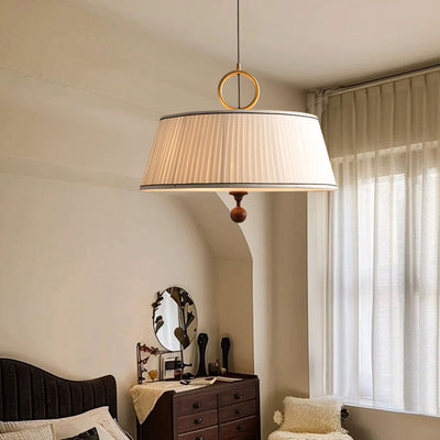 Traditional Vintage Fabric Wood Metal Pleated Round 1-Light Chandelier For Bedroom & Living Room