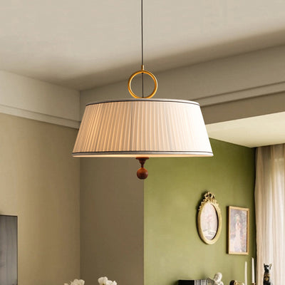 Traditional Vintage Fabric Wood Metal Pleated Round 1-Light Chandelier For Bedroom & Living Room