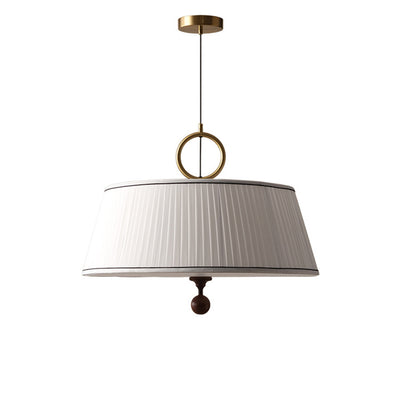 Traditional Vintage Fabric Wood Metal Pleated Round 1-Light Chandelier For Bedroom & Living Room