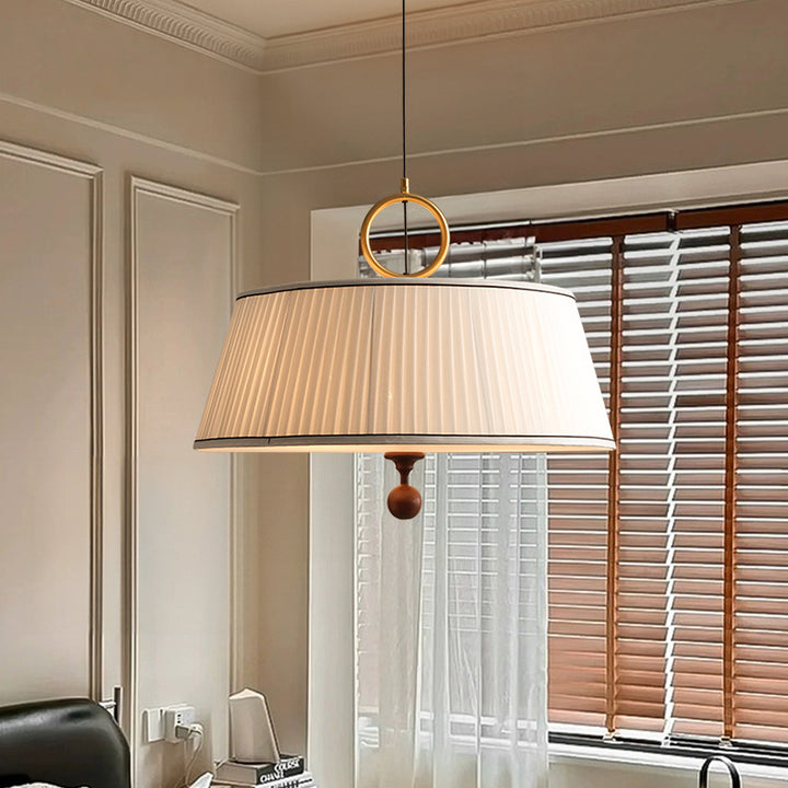 Chandelier rond à 1 lumière en tissu vintage traditionnel, bois et métal plissé pour chambre et salon 