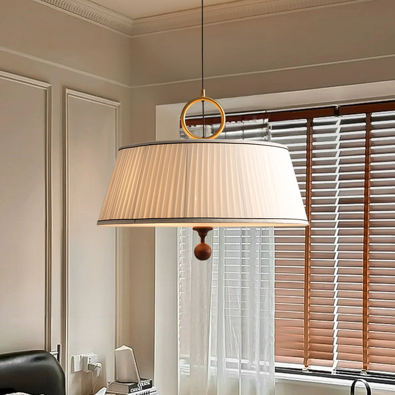 Traditional Vintage Fabric Wood Metal Pleated Round 1-Light Chandelier For Bedroom & Living Room