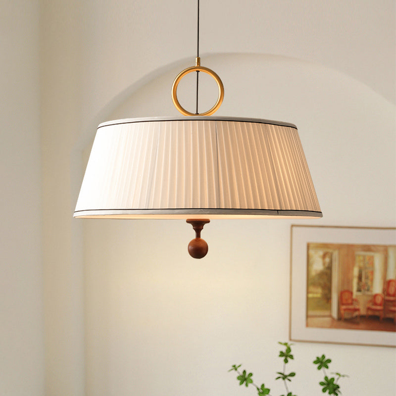 Traditional Vintage Fabric Wood Metal Pleated Round 1-Light Chandelier For Bedroom & Living Room