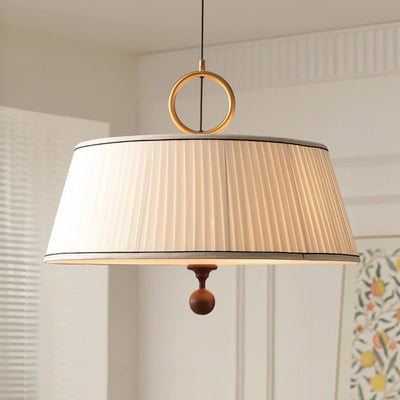 Traditional Vintage Fabric Wood Metal Pleated Round 1-Light Chandelier For Bedroom & Living Room
