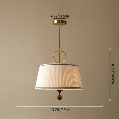 Traditional Vintage Fabric Wood Metal Pleated Round 1-Light Chandelier For Bedroom & Living Room