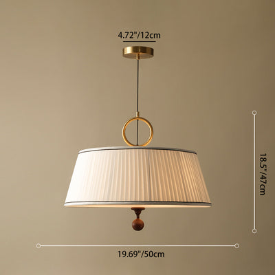 Traditional Vintage Fabric Wood Metal Pleated Round 1-Light Chandelier For Bedroom & Living Room