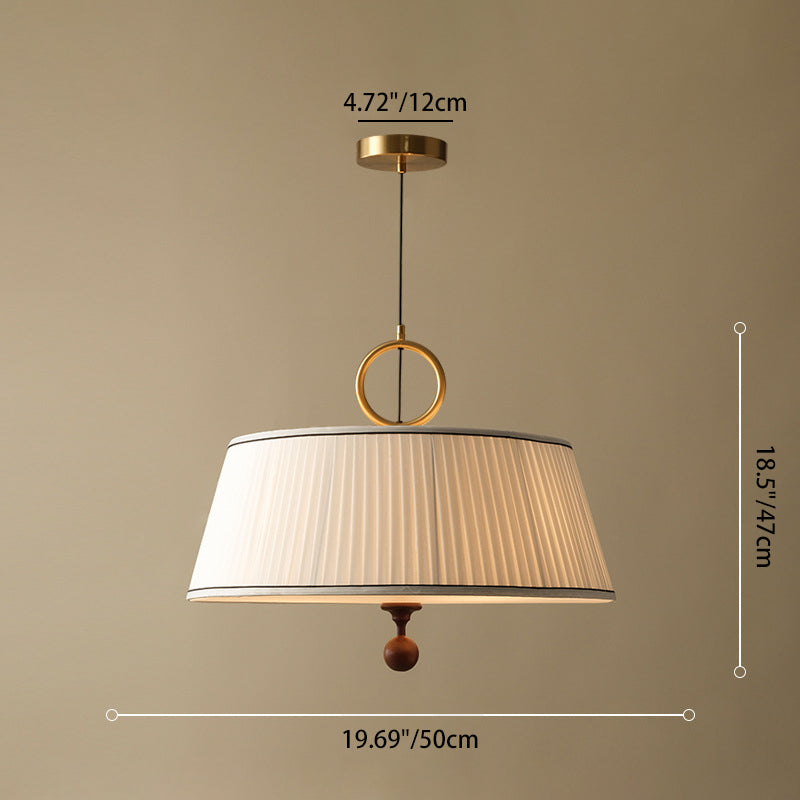 Traditional Vintage Fabric Wood Metal Pleated Round 1-Light Chandelier For Bedroom & Living Room