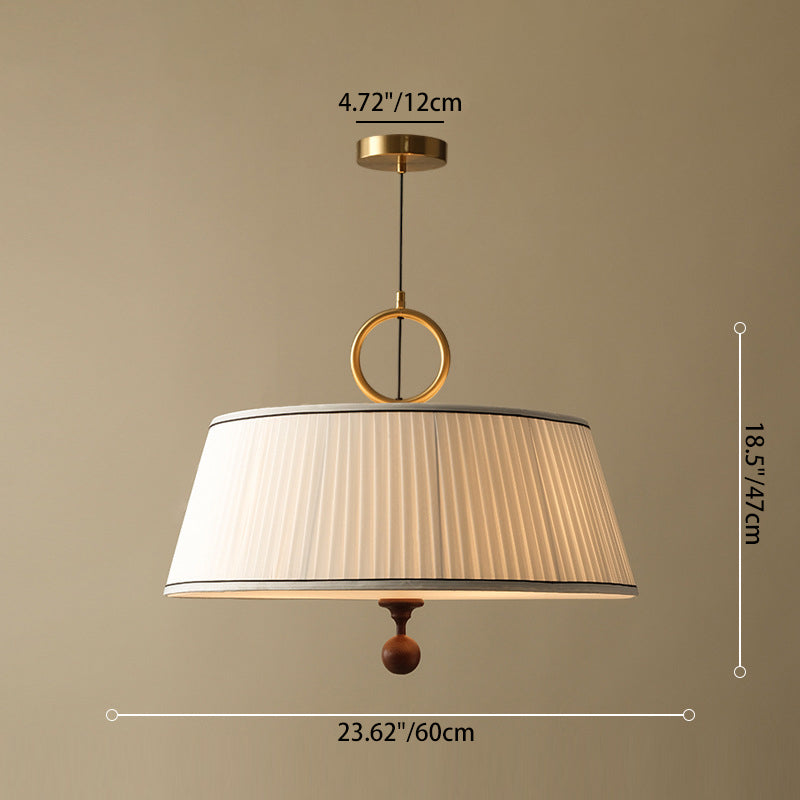 Traditional Vintage Fabric Wood Metal Pleated Round 1-Light Chandelier For Bedroom & Living Room