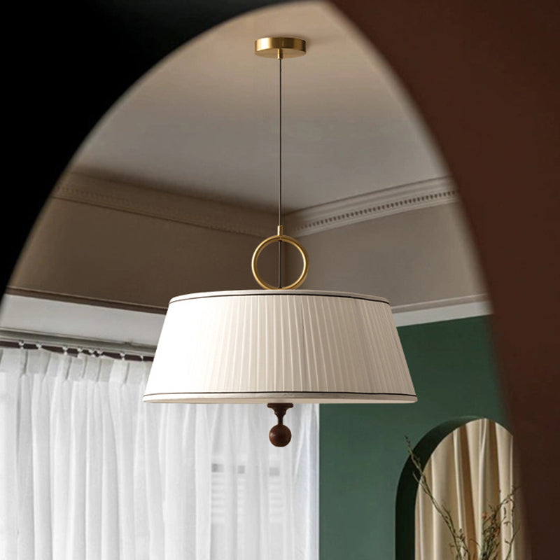 Traditional Vintage Fabric Wood Metal Pleated Round 1-Light Chandelier For Bedroom & Living Room