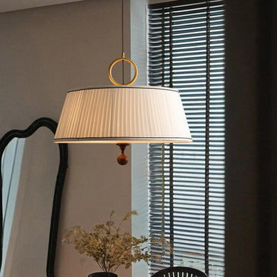 Traditional Vintage Fabric Wood Metal Pleated Round 1-Light Chandelier For Bedroom & Living Room