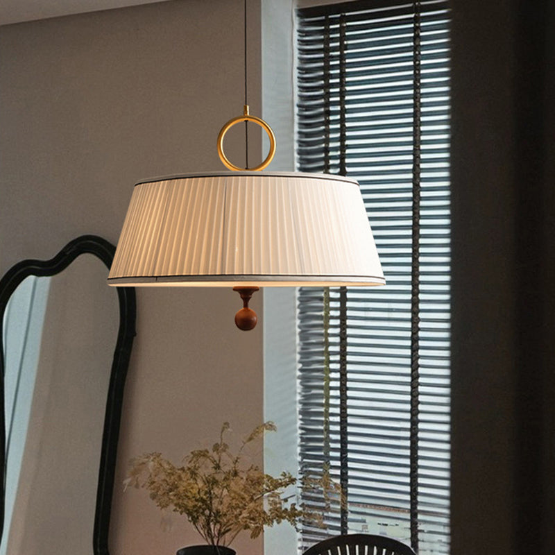 Traditional Vintage Fabric Wood Metal Pleated Round 1-Light Chandelier For Bedroom & Living Room