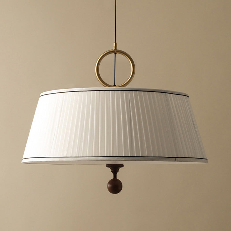 Traditional Vintage Fabric Wood Metal Pleated Round 1-Light Chandelier For Bedroom & Living Room