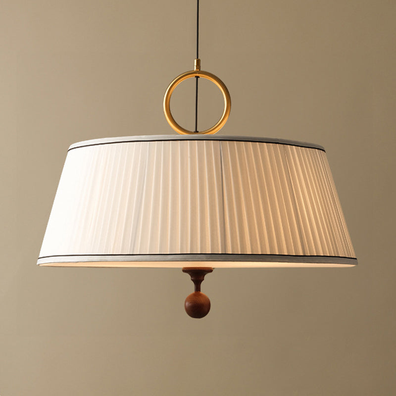 Traditional Vintage Fabric Wood Metal Pleated Round 1-Light Chandelier For Bedroom & Living Room