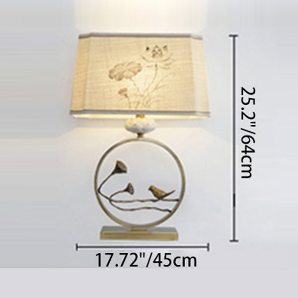 Traditional Chinese Antique Brass Fabric Bird Lotus 1-Light Table Lamp For Bedroom &amp; Living Room