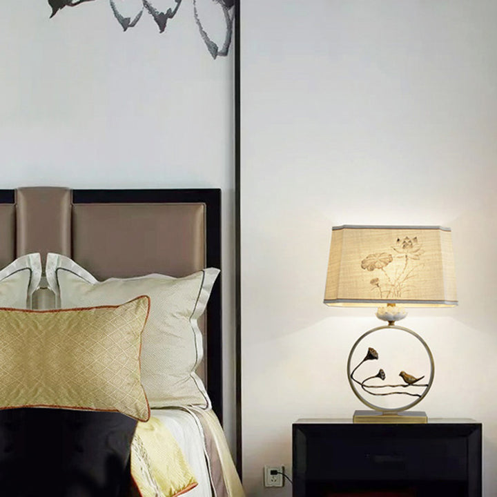 Traditional Chinese Antique Brass Fabric Bird Lotus 1-Light Table Lamp For Bedroom &amp; Living Room