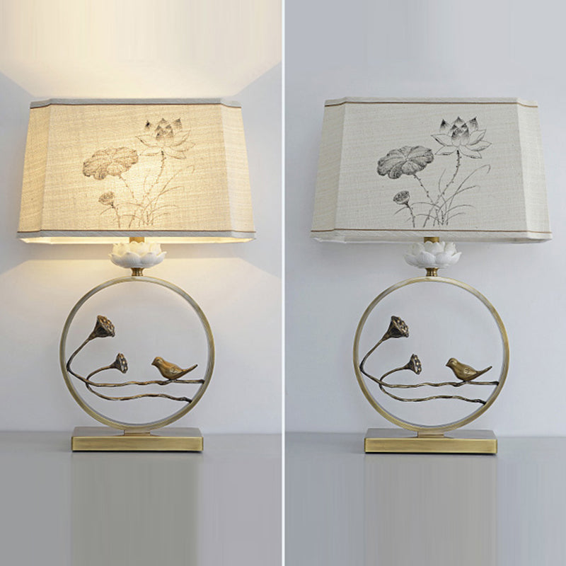 Traditional Chinese Antique Brass Fabric Bird Lotus 1-Light Table Lamp For Bedroom &amp; Living Room