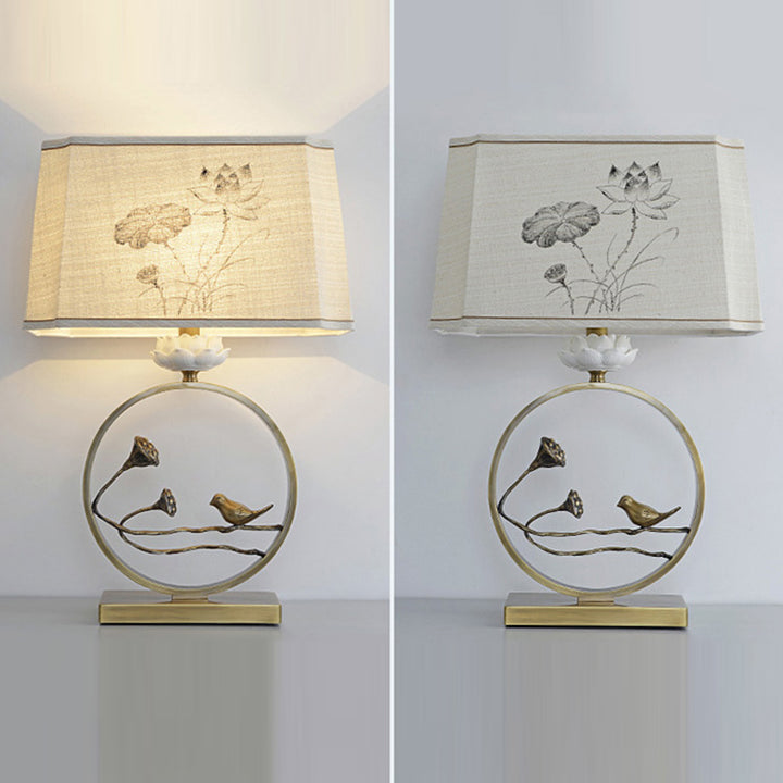 Traditional Chinese Antique Brass Fabric Bird Lotus 1-Light Table Lamp For Bedroom &amp; Living Room