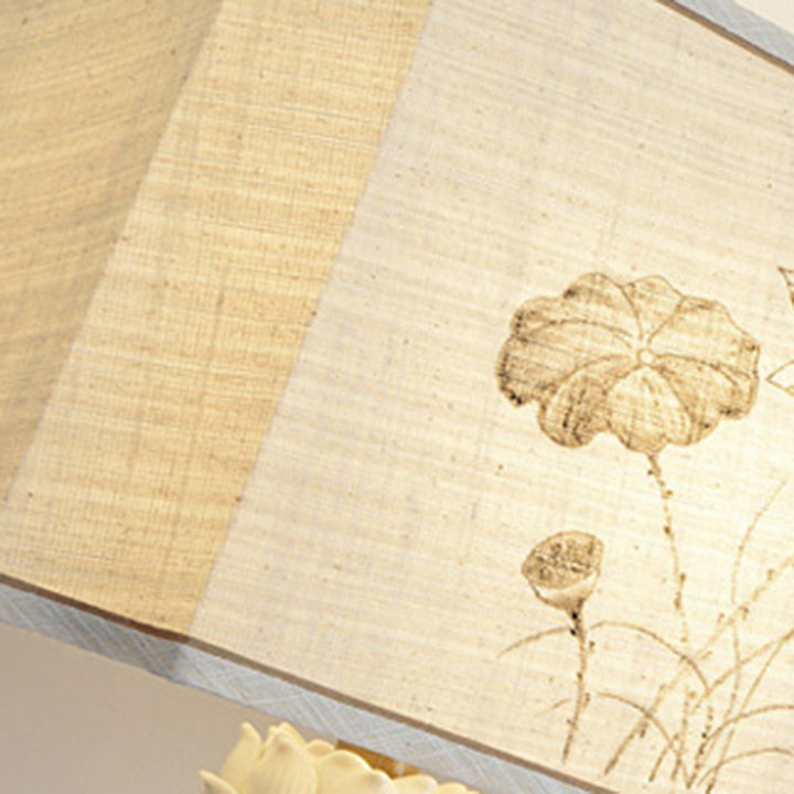 Traditional Chinese Antique Brass Fabric Bird Lotus 1-Light Table Lamp For Bedroom &amp; Living Room