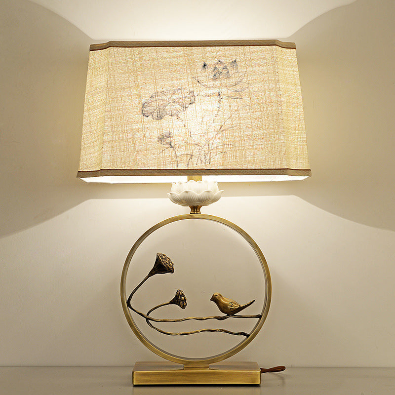 Traditional Chinese Antique Brass Fabric Bird Lotus 1-Light Table Lamp For Bedroom &amp; Living Room