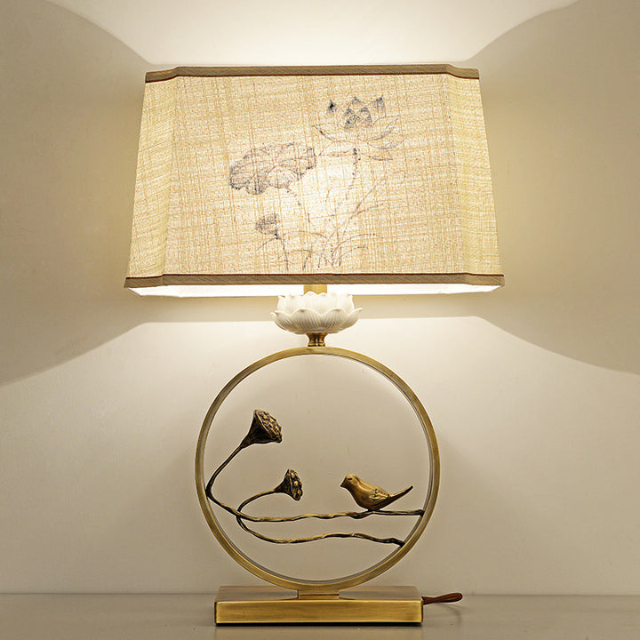 Traditional Chinese Antique Brass Fabric Bird Lotus 1-Light Table Lamp For Bedroom &amp; Living Room