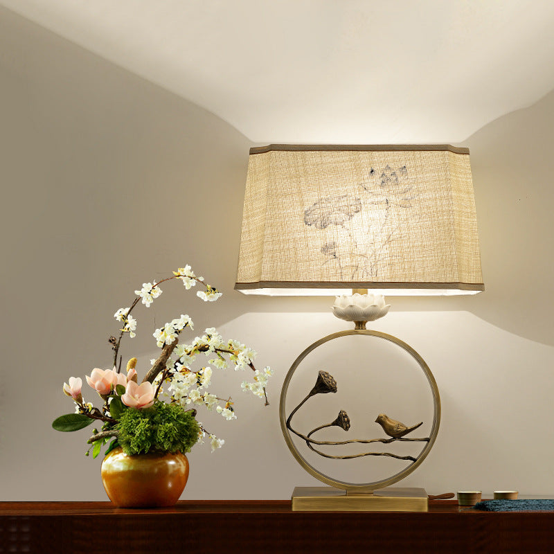 Traditional Chinese Antique Brass Fabric Bird Lotus 1-Light Table Lamp For Bedroom &amp; Living Room