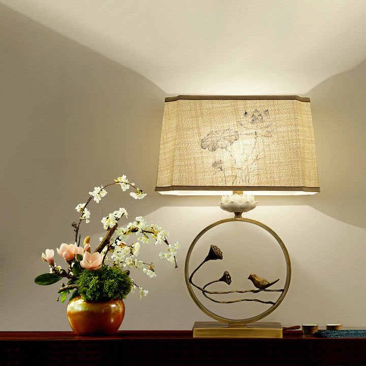Traditional Chinese Antique Brass Fabric Bird Lotus 1-Light Table Lamp For Bedroom &amp; Living Room