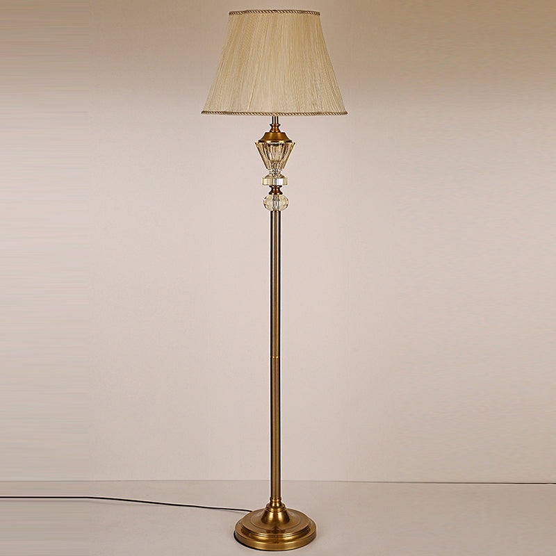 Modern Luxury Crystal Fabric Metal Round Cylindrical 1-Light Standing Floor Lamp For Bedroom & Living Room