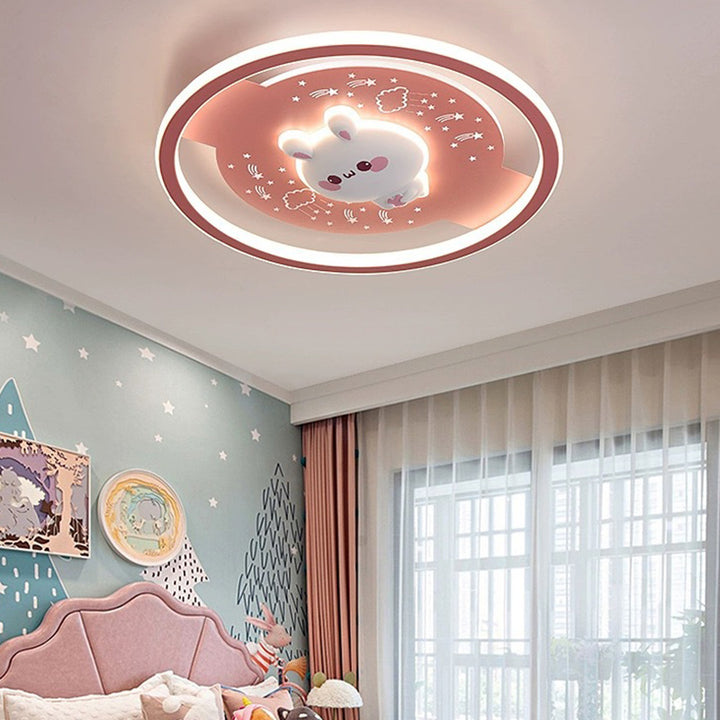 Modern Art Deco Acrylic Iron Resin Bunny Astronaut Round LED Flush Mount Ceiling Light For Bedroom &amp; Living Room