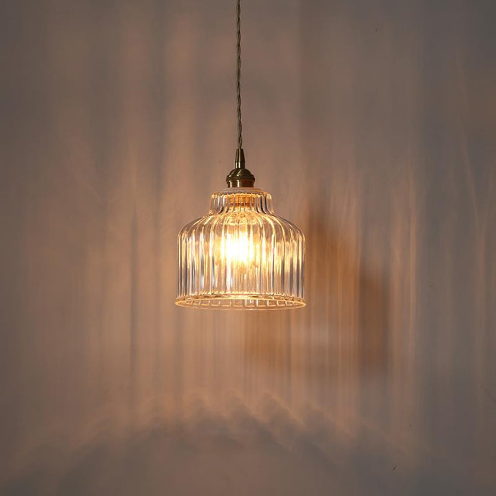 Traditional Japanese Glass Copper Round Cylinder 1-Light Pendant Light For Bedroom &amp; Living