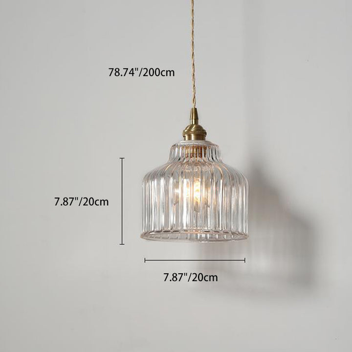 Traditional Japanese Glass Copper Round Cylinder 1-Light Pendant Light For Bedroom &amp; Living