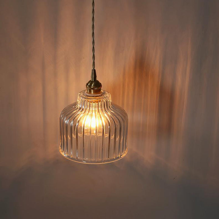 Traditional Japanese Glass Copper Round Cylinder 1-Light Pendant Light For Bedroom &amp; Living
