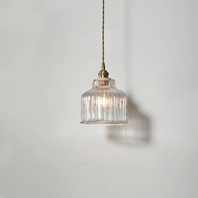 Traditional Japanese Glass Copper Round Cylinder 1-Light Pendant Light For Bedroom &amp; Living