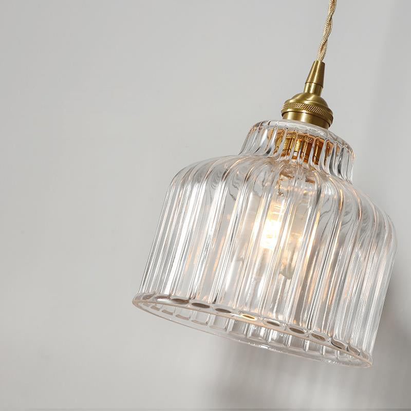 Traditional Japanese Glass Copper Round Cylinder 1-Light Pendant Light For Bedroom &amp; Living