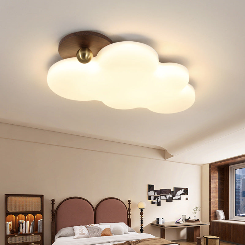 Traditional Vintage PE Rubber Wood Cream Cloud Curved LED Flush Mount Ceiling Light For Bedroom &amp; Living Room
