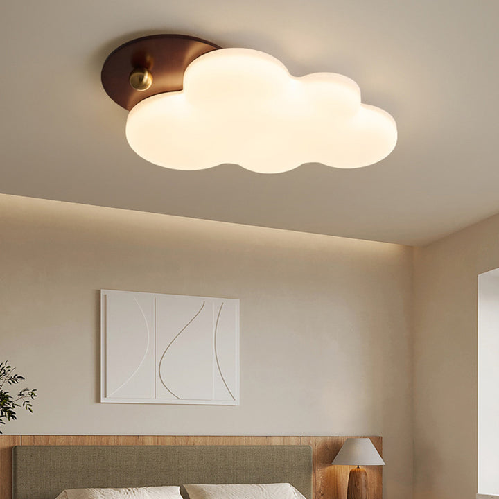 Traditional Vintage PE Rubber Wood Cream Cloud Curved LED Flush Mount Ceiling Light For Bedroom &amp; Living Room