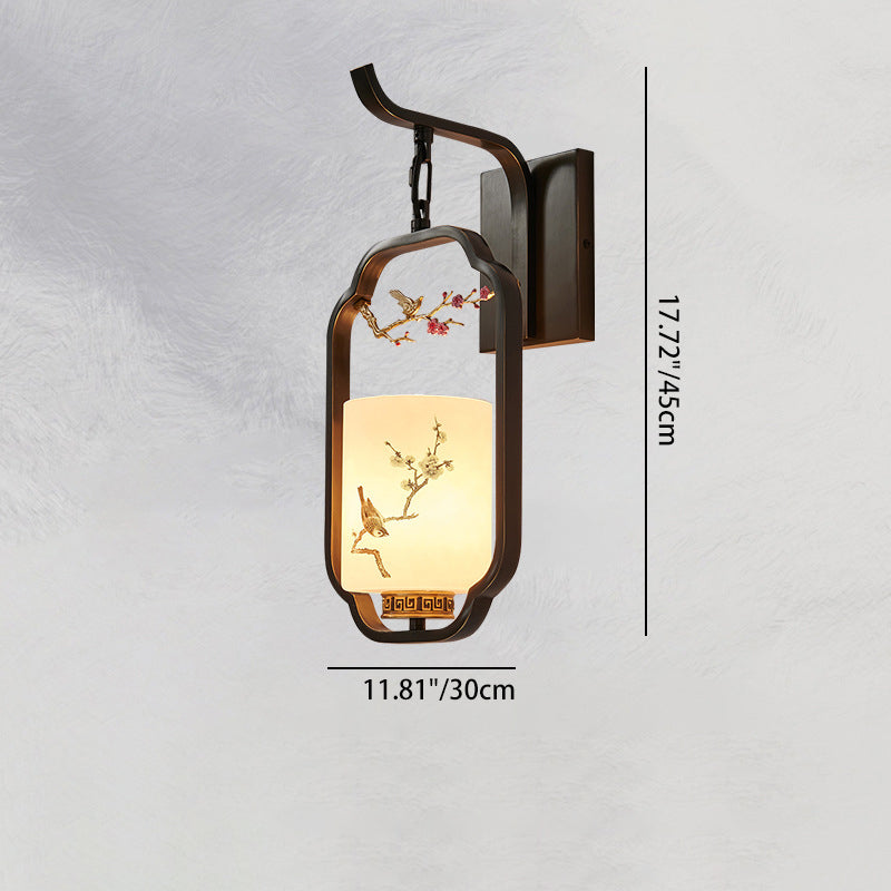 Traditional Chinese Glass Iron Floral Bird Pattern Cylindrical 1-Light Wall Sconce Lamp For Bedroom &amp; Living Room