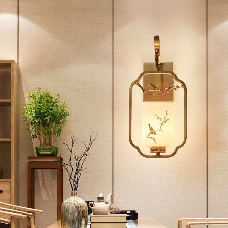 Traditional Chinese Glass Iron Floral Bird Pattern Cylindrical 1-Light Wall Sconce Lamp For Bedroom &amp; Living Room