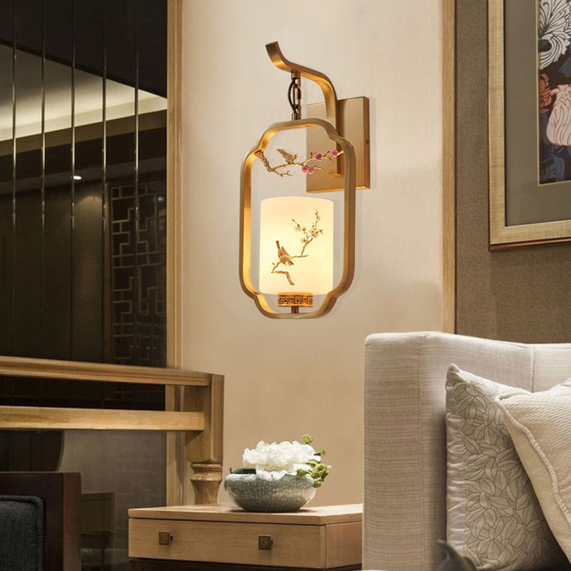 Traditional Chinese Glass Iron Floral Bird Pattern Cylindrical 1-Light Wall Sconce Lamp For Bedroom &amp; Living Room