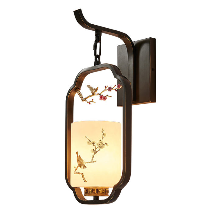 Traditional Chinese Glass Iron Floral Bird Pattern Cylindrical 1-Light Wall Sconce Lamp For Bedroom &amp; Living Room
