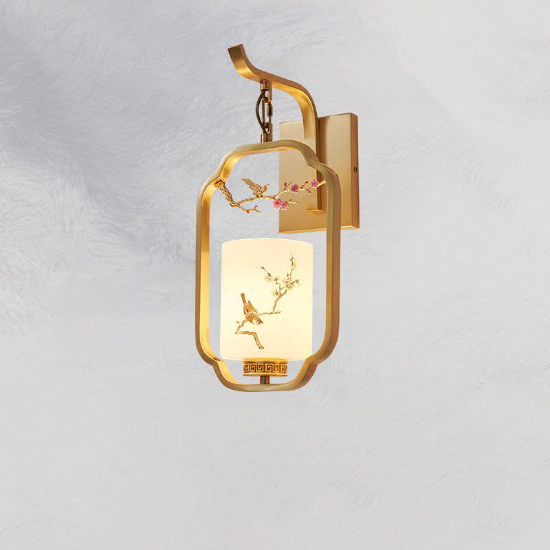 Traditional Chinese Glass Iron Floral Bird Pattern Cylindrical 1-Light Wall Sconce Lamp For Bedroom &amp; Living Room
