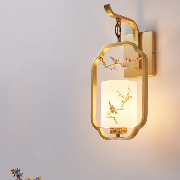 Traditional Chinese Glass Iron Floral Bird Pattern Cylindrical 1-Light Wall Sconce Lamp For Bedroom &amp; Living Room