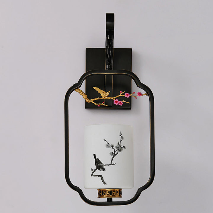 Traditional Chinese Glass Iron Floral Bird Pattern Cylindrical 1-Light Wall Sconce Lamp For Bedroom &amp; Living Room