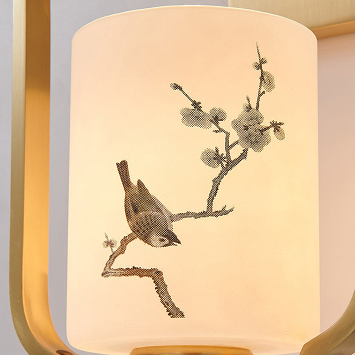 Traditional Chinese Glass Iron Floral Bird Pattern Cylindrical 1-Light Wall Sconce Lamp For Bedroom &amp; Living Room